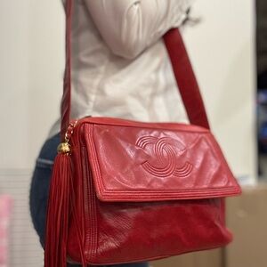 Chanel Red Leather Shoulder Bag with Tassel